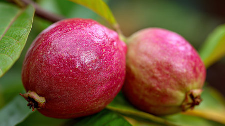 Two Rose Apples Hanging on a Tree Branch in Natural Lightの素材
