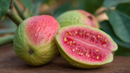 Freshly Cut Guava Fruit Displaying its Vibrant Pink Flesh and Seedsの素材