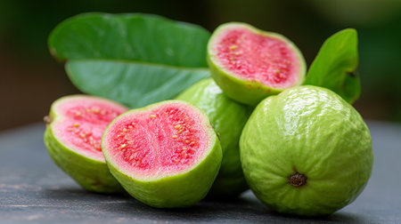 Fresh Guava Fruits Displaying Pink Pulp and Green Skin, Ready to Eatの素材
