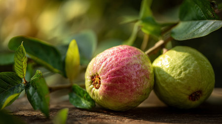 Two fresh guavas on a branch with green leaves under sunlightの素材