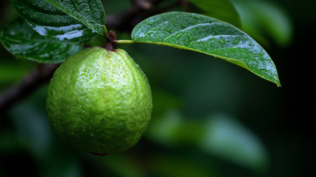 Dew Drops on a Green Fruit with Leafy Backdrop Imageの素材