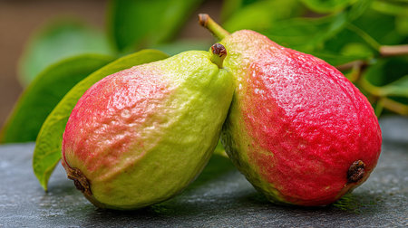 Exotic guava fruits duo, showcasing vibrant red and green hues against dark backdropの素材