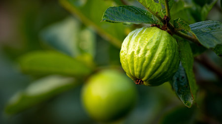 Guava fruit growing fresh on a tree in a tropical garden.の素材