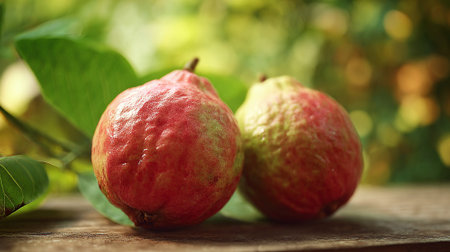 Ripe Guava Fruit Duo Resting Naturally On a Rustic Wooden Tableの素材