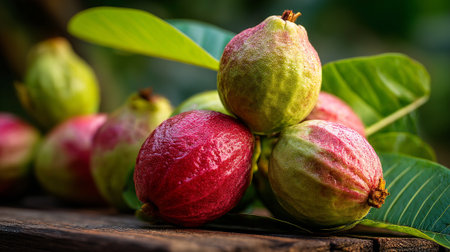 Colorful pile of fresh guava fruits resting on rustic wooden surfaceの素材