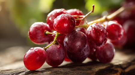 Luscious bunch of red grapes glistens with water droplets on rustic wood.の素材