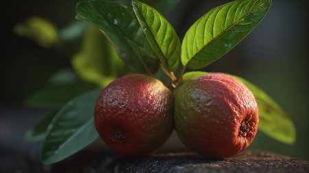 Close-up of Two Fresh Guavas on a Branch Displaying Their Unique Textureの素材