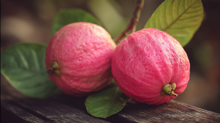 Fresh pink guavas on a wooden surface with leaves in backgroundの素材