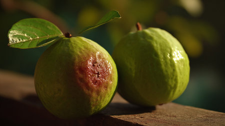 Two fresh guavas with leaf, presented on a rustic wooden surfaceの素材