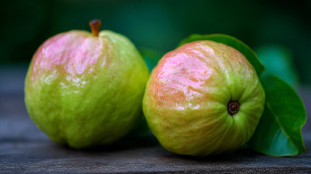 Two Fresh Guava Fruits Displaying Green and Pink Hues on Wooden Surfaceの素材