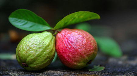Two Fresh Guava Fruits with Green Leaves on a Textured Surfaceの素材