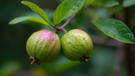 Two unripe guavas hang on a tree branch with vibrant green leaves.の素材