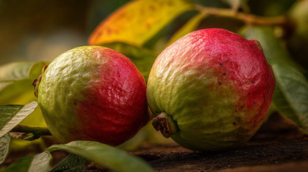 Ripe guava fruit with vibrant colors and natural, organic texture detailsの素材