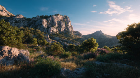 Dramatic Mountain Landscape with Lush Vegetation Under a Clear Skyの素材