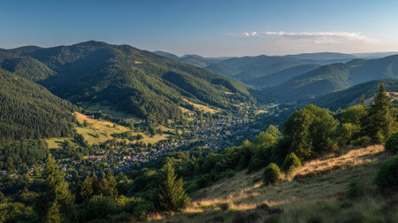 Scenic Valley Town Nestled in Verdant Mountains Under a Clear Blue Skyの素材