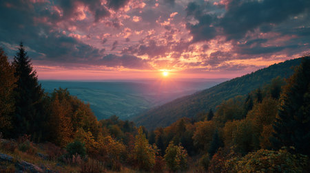 Scenic Sunset Over Rolling Hills and Dense Forests in Autumnの素材