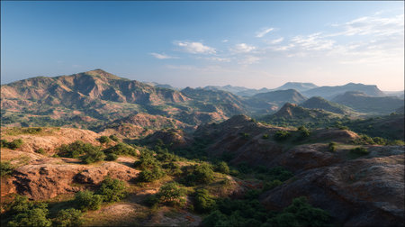 Expansive Mountain Range Landscape Under a Bright Blue Sky and Soft Cloudsの素材