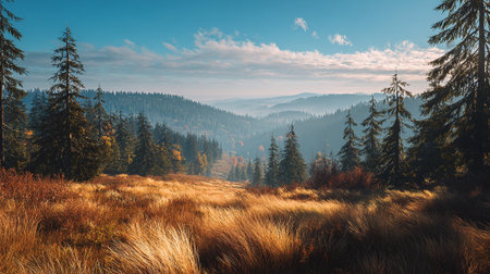 Serene Mountain Landscape with Rolling Hills and Evergreen Forestの素材