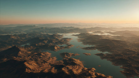 Misty Mountains and Serene Lake Landscape Under a Warm Hued Skyの素材