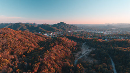 Stunning aerial view of a forest in autumn with distant mountains.の素材