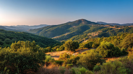 Rolling Hills and Mountain Range Under a Clear Blue Sky at Sunriseの素材