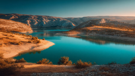 Tranquil Waters Reflecting Hills in a Serene Landscape Sceneの素材