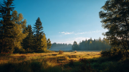 Serene Morning Light Illuminating a Meadow in a Dense Forestの素材