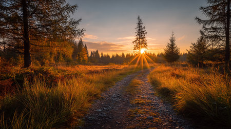 Golden Pathway to Serenity: A Forest at Sunriseの素材