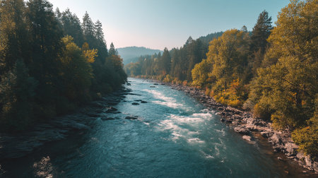 Cascading River Through a Lush Autumn Forest Landscapeの素材