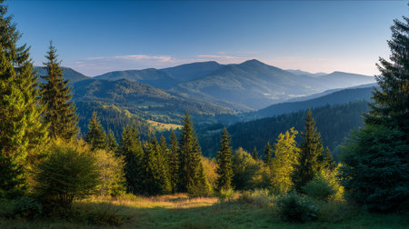 Picturesque Mountain Landscape with Forest and Meadows under Blue Skyの素材