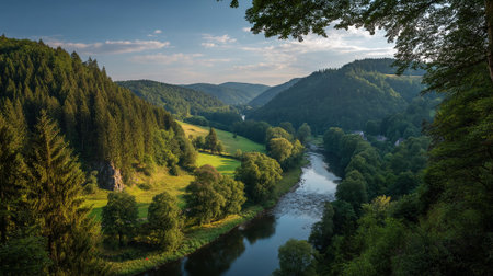 Scenic River Valley Vista with Rolling Hills and Verdant Forestの素材