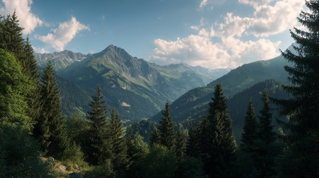 Majestic Mountain Scenery With Evergreen Trees and Clouds Under a Blue Skyの素材