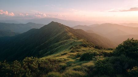 Misty Mountain Range at Sunrise with Dramatic Ridges and Lush Greeneryの素材