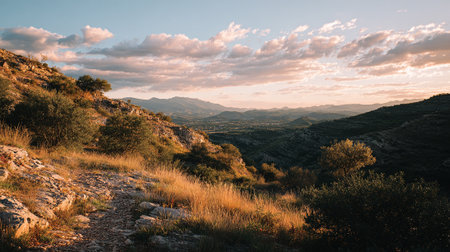 Serene Mountain Vista at Sunset with Rolling Hills and Dramatic Skyの素材