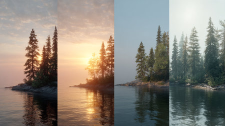 Tranquil Lakeshore Scenery with Majestic Evergreen Trees in Varied Lighting Conditionsの素材