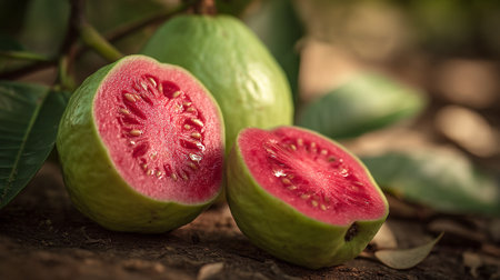 Vibrant pink guava still life capturing the tropical essence of fresh fruitの素材