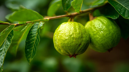 Vibrant green guava fruit on a branch with lush foliage.の素材