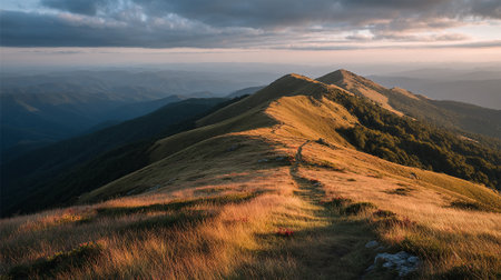 Breathtaking mountain range with golden sunlight on grassy peaks under cloudy skies.の素材