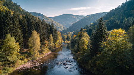 Serene River Flows Through a Vibrant Autumn Forest Landscapeの素材