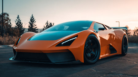Sleek Orange  Car Poised on Asphalt at Sunset in a Parking Lotの素材