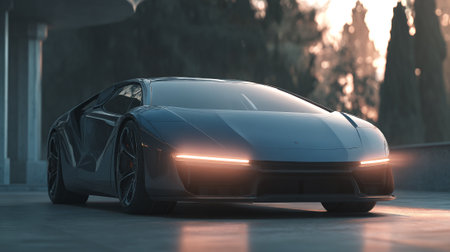 Sleek and Modern  Car with LED Headlights Amidst Natural Outdoor Settingの素材