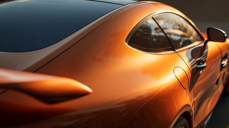 Sleek orange  car with a modern design and stunning reflection.の素材