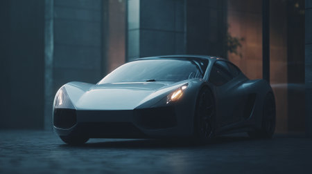 Sleek Silver  Car Parked Elegantly in a Modern Urban Settingの素材