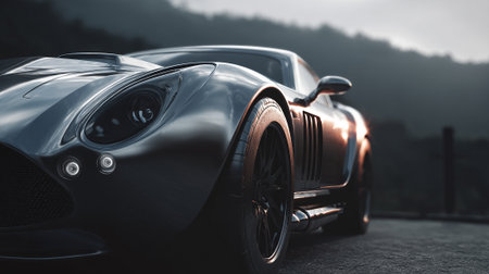 Sleek black  car reflecting sunlight on the open road at twilightの素材