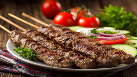 Delicious grilled kebab skewers on a plate with salad ingredientsの素材
