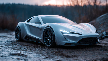 Futuristic silver  car in an outdoors setting at twilight.の素材