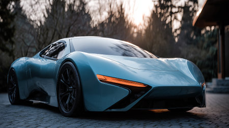 Sleek Blue Automotive Design: Modern Concept Car on Cobblestone Surface at Duskの素材