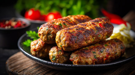 Delicious grilled kebabs served on rustic plate with fresh ingredients.の素材