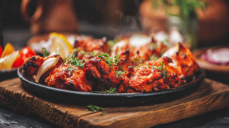 Delicious Chicken Tikka Masala Served on a Rustic Wooden Boardの素材