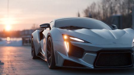 Sleek Gray  Car Emerges on a Winter Day with Golden Sunsetの素材